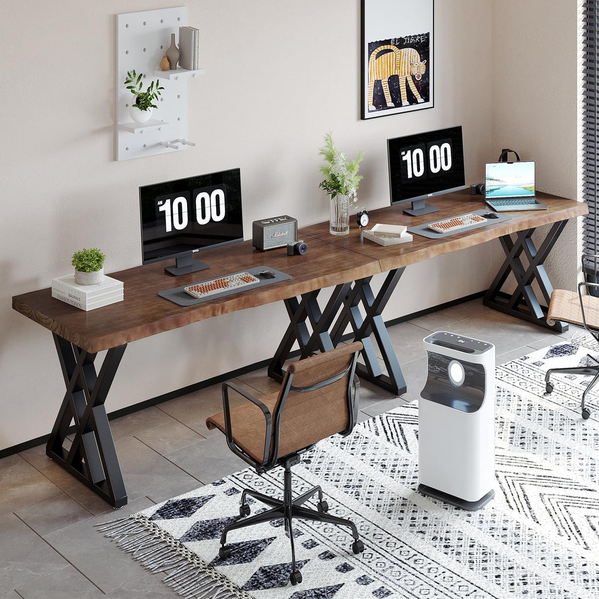 QZYJKJ Solid Wood Computer Desk Study Office Desk 55" Writing Desk, Modern Simple Style PC Table, Black Metal Frame, Solid Wood Planks 55" D x 27" W x 29" H for Home Office Bedroom,Rustic Brown QZYJKJ