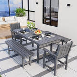 Pamapic 5 PCS Outdoor Dining Set, Spacious HDPE Outdoor Table with 2 Chairs and 2 Bench, Wood Grain Patio Furniture Sets with Elegant Armrest, All-Weather Patio Dining Table with Umbrella Hole, Gray Pamapic