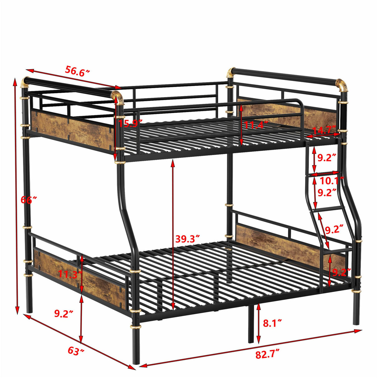 LEEKOUS Upgraded Version Thicken Metal Full XL Over Queen Bunk Bed, Best Industrial Style Heavy Duty Full Over Queen Size Bunk Bed, Convertible into 2 Beds Wood Board, Water Pipe Design for Adults LEEKOUS