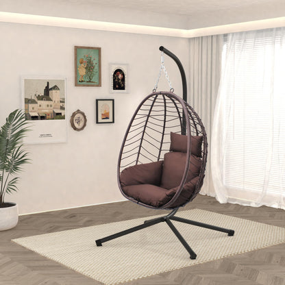 VARVIND Hanging Egg Chair with Stand Patio Hammock Swing Chair, Basket Wicker Rattan Adjustable Height UV Resistant Indoor Outdoor Use 350Lbs Brown - WoodArtSupply