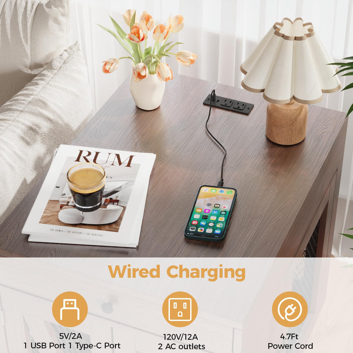 VOWNER Dog Crate Furniture, Wooden Dog Kennel End Table with USB Charging Station, Storage Drawer, Double Latched Door, Furniture-Style Crate Side Table for Medium Dogs Under 40 lbs Indoor, Oak Brown VOWNER