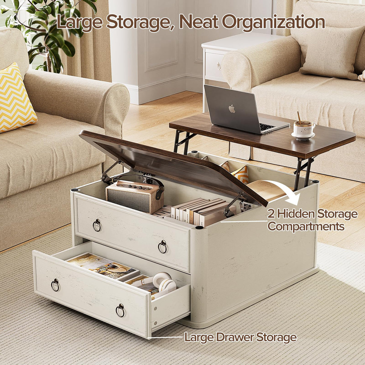 Memobarco 31.5" Lift Top Coffee Table with Storage,Square Coffee Tables with Lifting top for Living Room,Farmhouse Coffee Table with Storage Drawers and Large Hidden Compartment,Rustic White+Walnut Memobarco