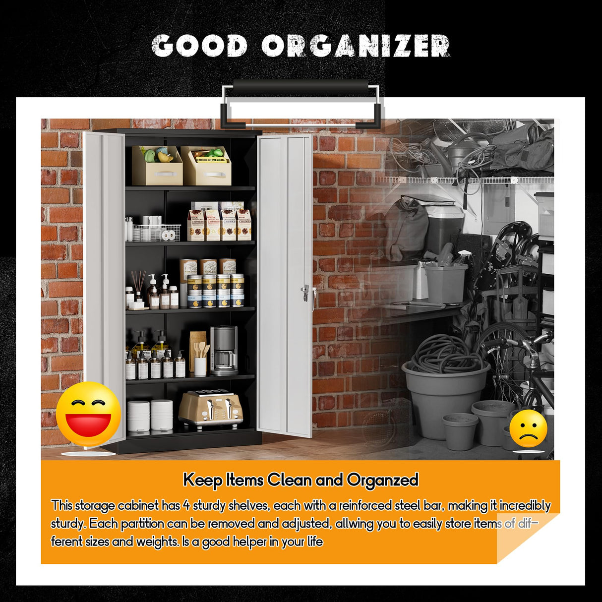 Greenvelly Metal Storage Cabinet, 72” Locking Metal Garage Storage Cabinet with 2 Doors and 4 Adjustable Shelves, Lockable Steel Tool Cabinets for Home Office, Garage,School,Gym (Black Grey) Greenvelly