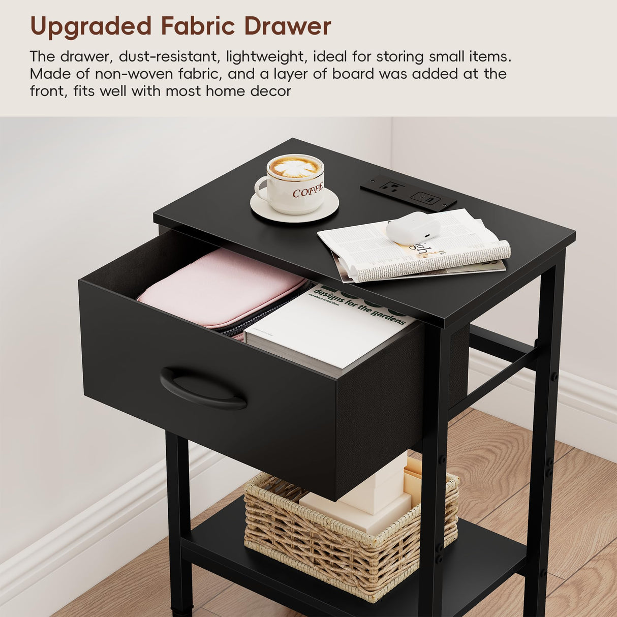 Vagusicc Nightstand Set of 2 with Charging Station, Bed Side Table with Fabric Drawer, Small End Table with 2-Tier Storage Shelves, 25.4" Tall Bedside Table, Black Night Stand for Bedroom, Living Room Vagusicc