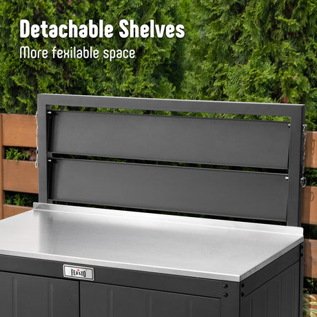 Garden Potting Bench with Storage Cabinet,Outdoor Gardening Table & Work Bench for Plants, Horticulture,Outdoor Workstation with Stainless Steel Tabletop,Outdoor Work Table with Elevated Rack Feasto