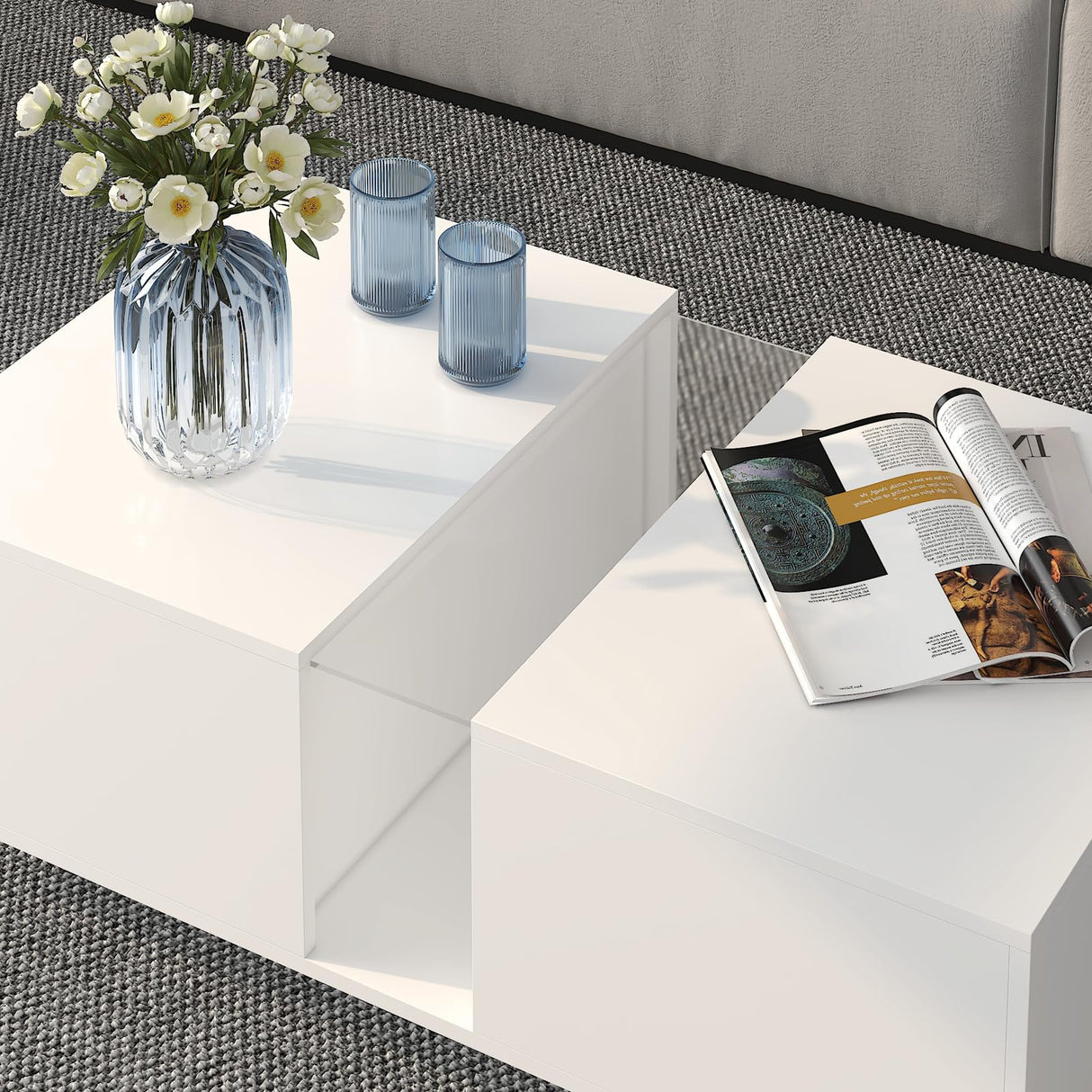HedoAjim White Led Coffee Table for Living Room, Rectangular Living Room Table with Storage, Acrylic Coffee Tables with 2 Sliding Drawers, Wood Center Table for Reception Dinning Room HedoAjim