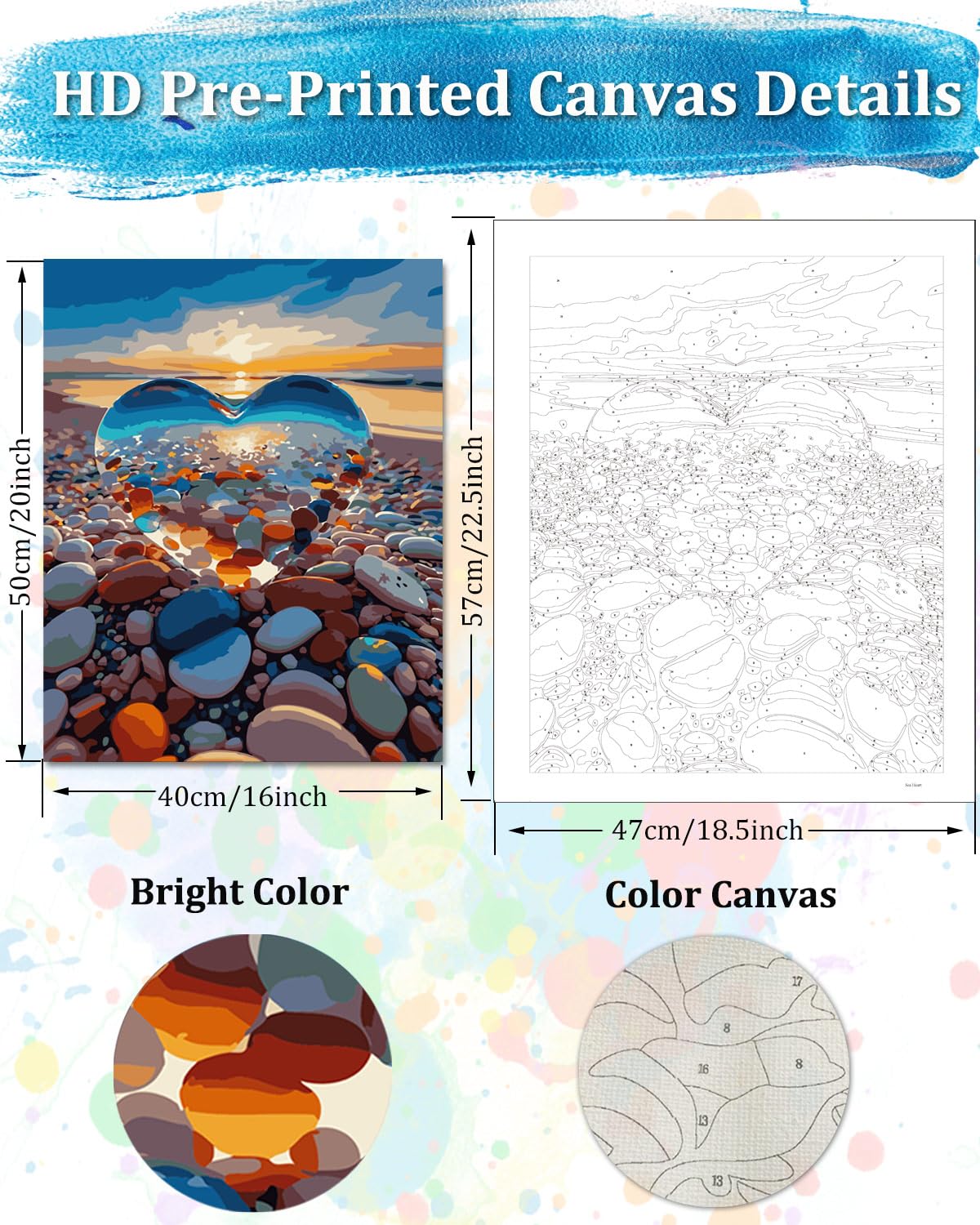 TOCARE Paint by Numbers Kit for Adults Beach Sunset, Acrylic Adult Paint by Number Sunset with Crystal Heart 16x20inch for Home Wall Decor TOCARE