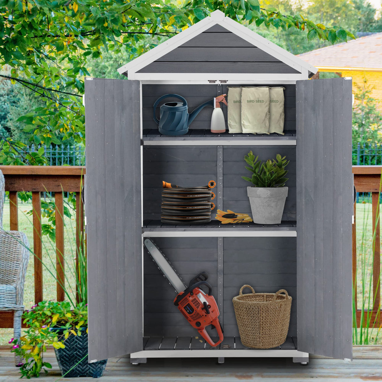 MCombo Outdoor Storage Cabinet with 2 Shelves, Outside Storage Shed with Floor, Wooden Garden Tool Shed with Latch for Yard Deck Lawn, 1000 MCombo