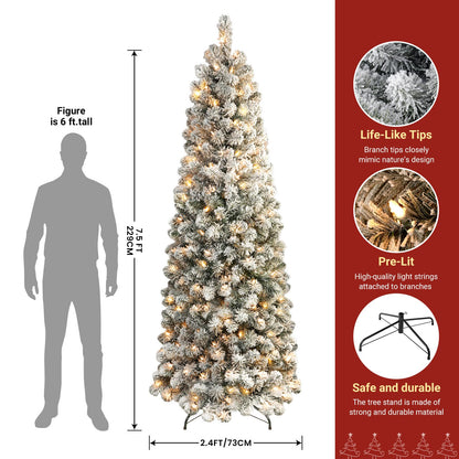 SHareconn 7.5ft Prelit Snow Flocked Artificial Hinged Slim Pencil Christmas Tree with Warm White Lights, Full Branch Tips, Perfect Choice Decoration for Xmas Holiday, 7.5 FT, Flocked Green