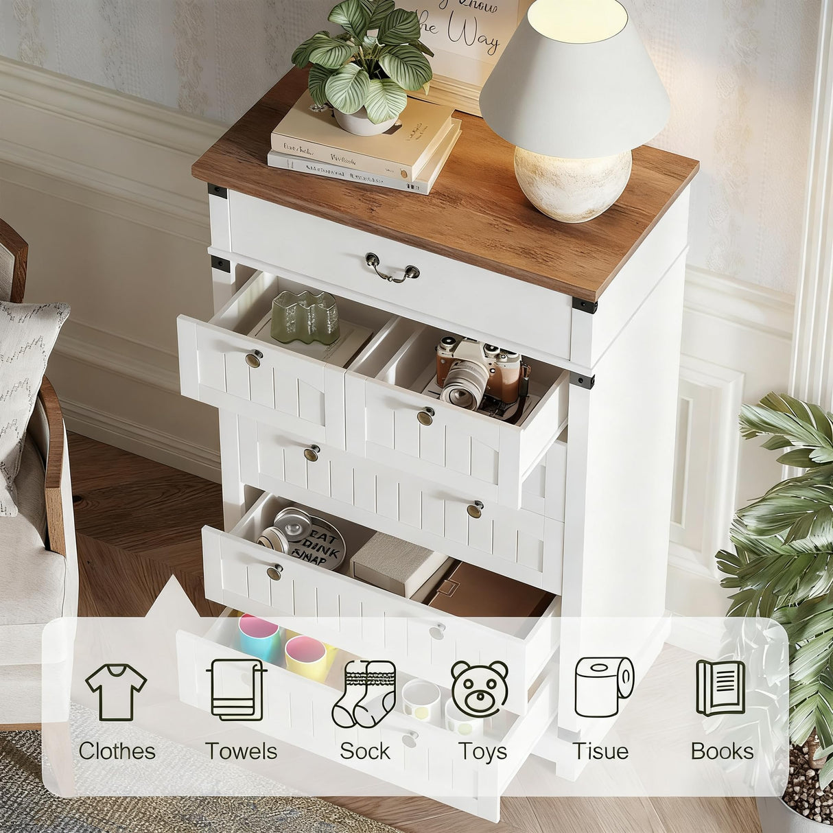 Maupvit Farmhouse 7 Drawer Dresser for Bedroom, 47" Tall Dresser Wood Chest of Drawers, Organizer Drawers for Bedroom, Living Room, Storage Room, Antique White Maupvit
