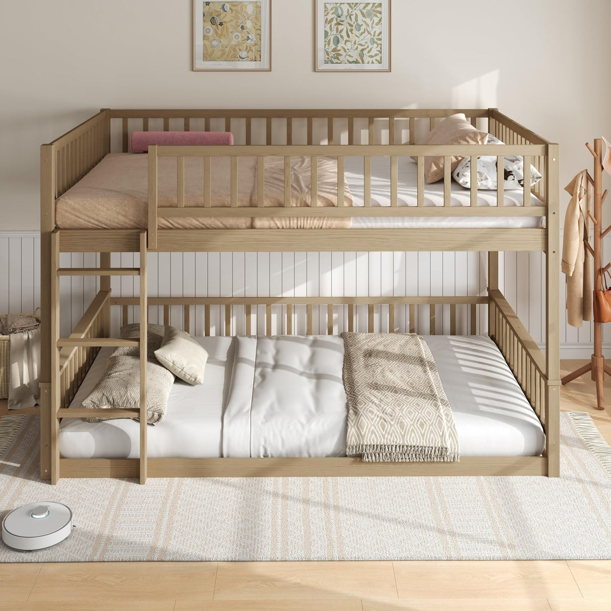 Merax Queen Over Queen Bunk Bed for Teens Adults, Wooden Floor Bunk Beds with Ladder and Guardrails for Guestroom Dormitory, No Box Spring Needed, Natural Merax