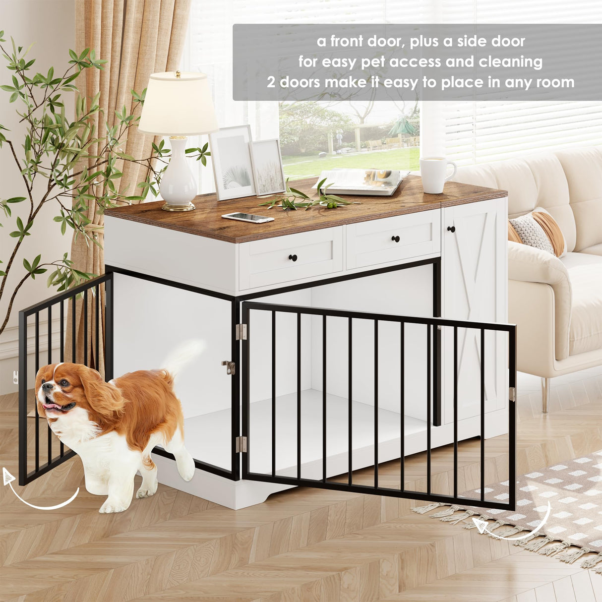 Dog Crate Furniture Kennel with Double Doors Wooden Pet House with 2 Drawers and Storage Cabinet, Indoor Dog Cage Farmhouse Modern Side End Table for Small Medium Dogs, White TTVIEW