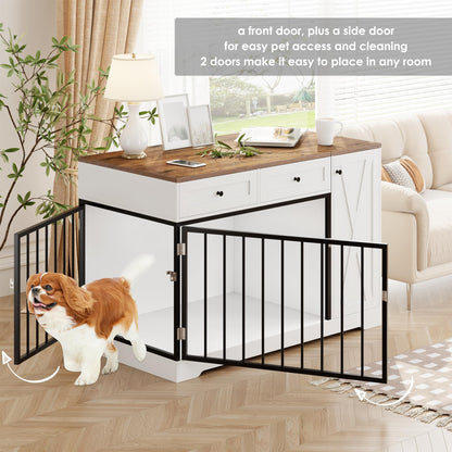 Dog Crate Furniture Kennel with Double Doors Wooden Pet House with 2 Drawers and Storage Cabinet, Indoor Dog Cage Farmhouse Modern Side End Table for Small Medium Dogs, White
