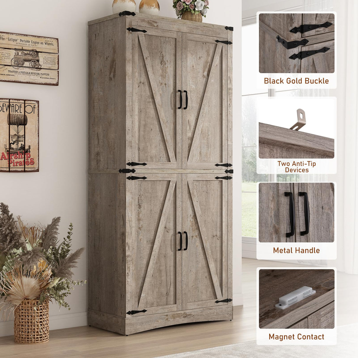 71" Tall Kitchen Pantry,Farmhouse Storage Cabinet with Adjustable Shelves,Load-Bearing Steel Pipe,Farmhouse Pantry Cabinet with 4 Barn Doors,for Kitchen,Dining Room,Living Room(Light Rustic Oak) Hlivelood