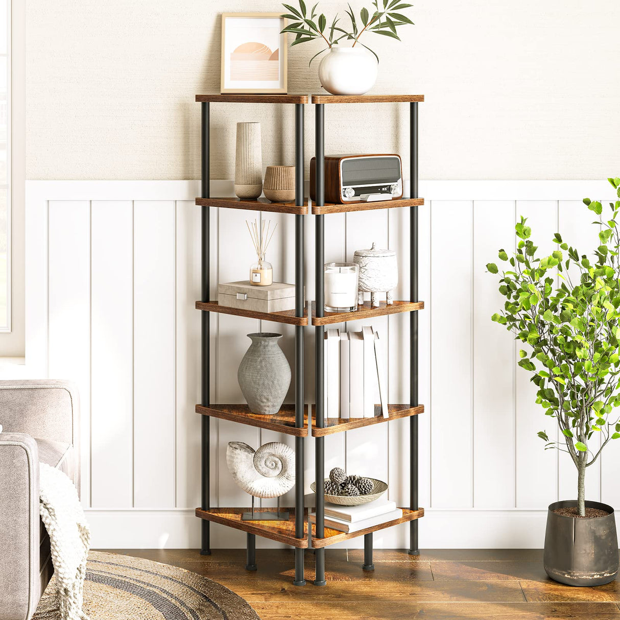 HOOBRO Corner Shelf Stand, Industrial 5-Tier Corner Bookshelf with Metal Frame, Plant Corner Display Shelf, Corner Bookcase for Small Spaces, Bedroom, Living Room, Rustic Brown BF33CJ01 HOOBRO