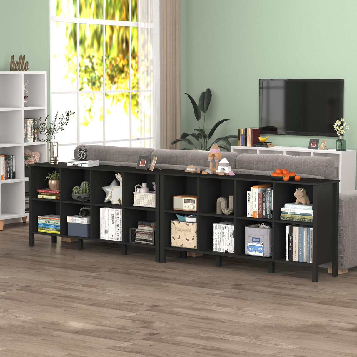 NewBeth 8-Cube Bookcase, Farmhouse Wooden Bookshelf Low Storage Organizer, 59" Horizontal Black Console with Legs, Hallway Book Case for Entryway, Display Cabinet for Living Room (Black, 8-Cube) NewBeth