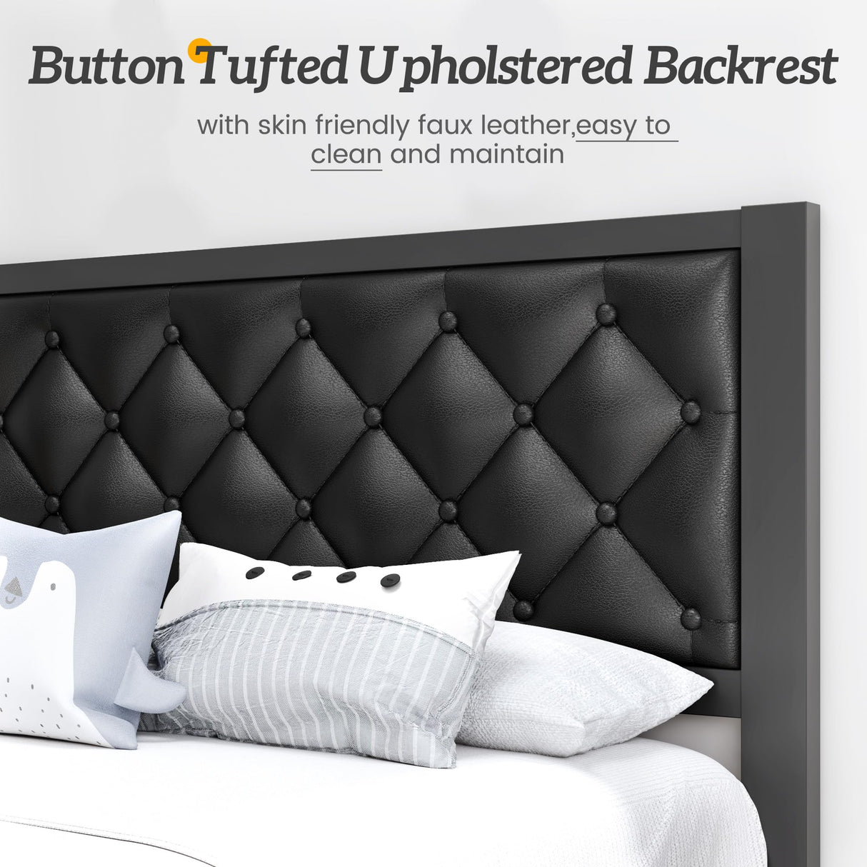 HISOFT Twin Bed Frame with Upholstered Button Tufted Headboard, Bed Frame Platform Metal Slats Support, Under Bed Storage, No Box Spring Needed, Noise-Free, Easy Assembly, Black HISOFT