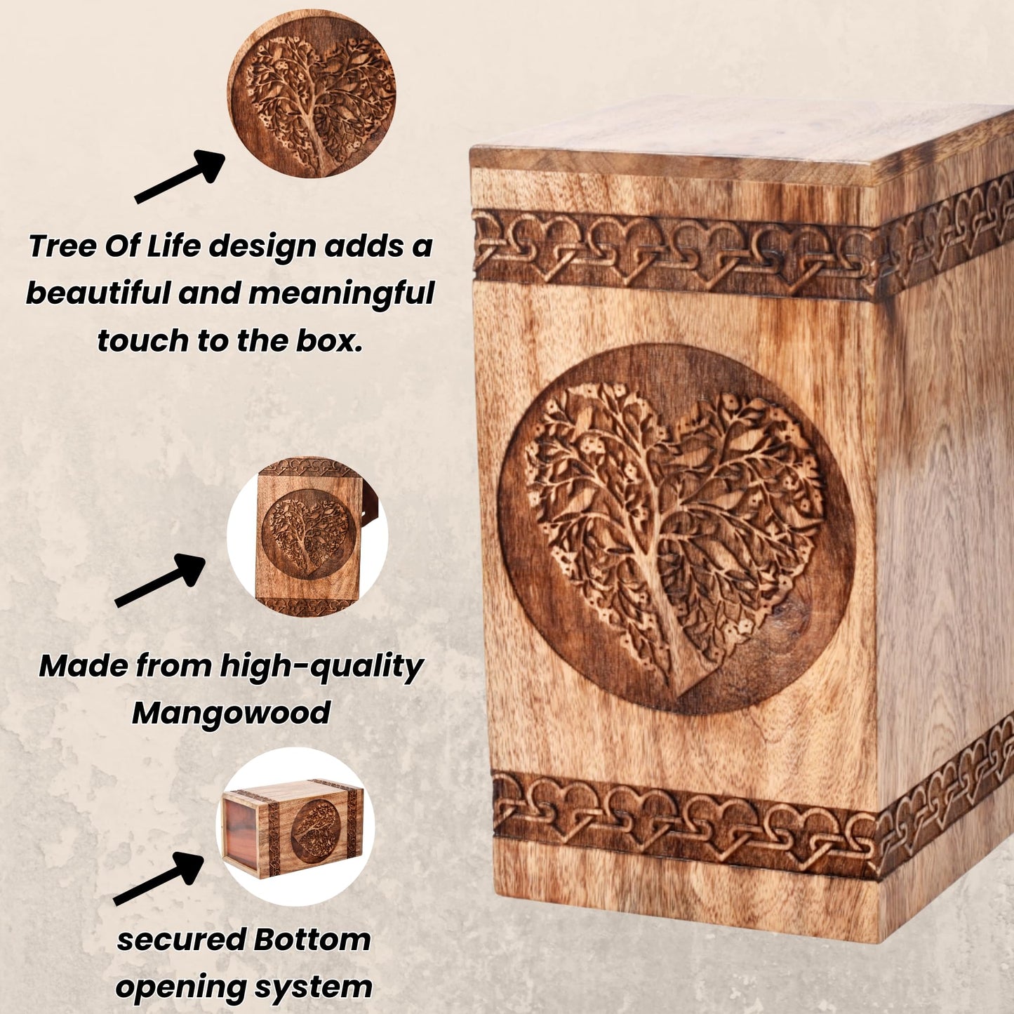 Tamanna Crafts Handcrafted Tree Of Life Mangowood Cremation Urn Box. Human Ashes Box/ Pets Ashes Box Engraved Handmade Wooden Burial Urn Box - WoodArtSupply