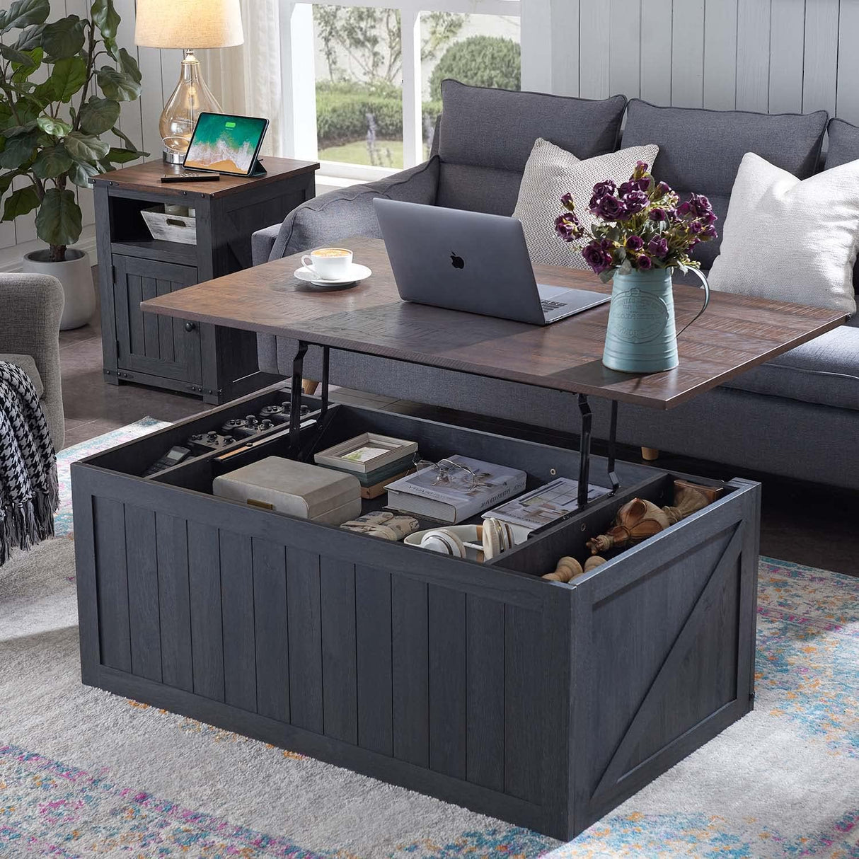 IFGET Lift Top Coffee Table with Double Storage Spaces, Farmhouse Rustic Wood Center Table with Sliding Groove Barn Door, Coffee Table Converts to Dining Table for Living Room Office (Dark Grey) IFGET
