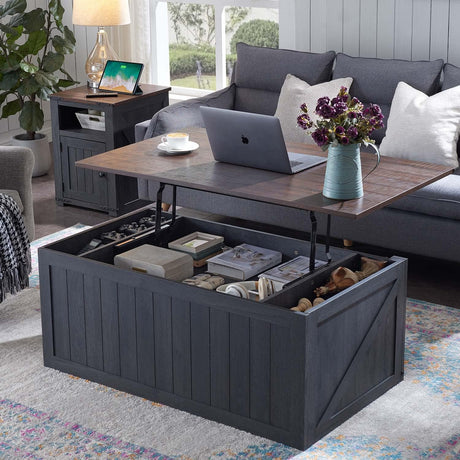IFGET Lift Top Coffee Table with Double Storage Spaces, Farmhouse Rustic Wood Center Table with Sliding Groove Barn Door, Coffee Table Converts to Dining Table for Living Room Office (Dark Grey) IFGET