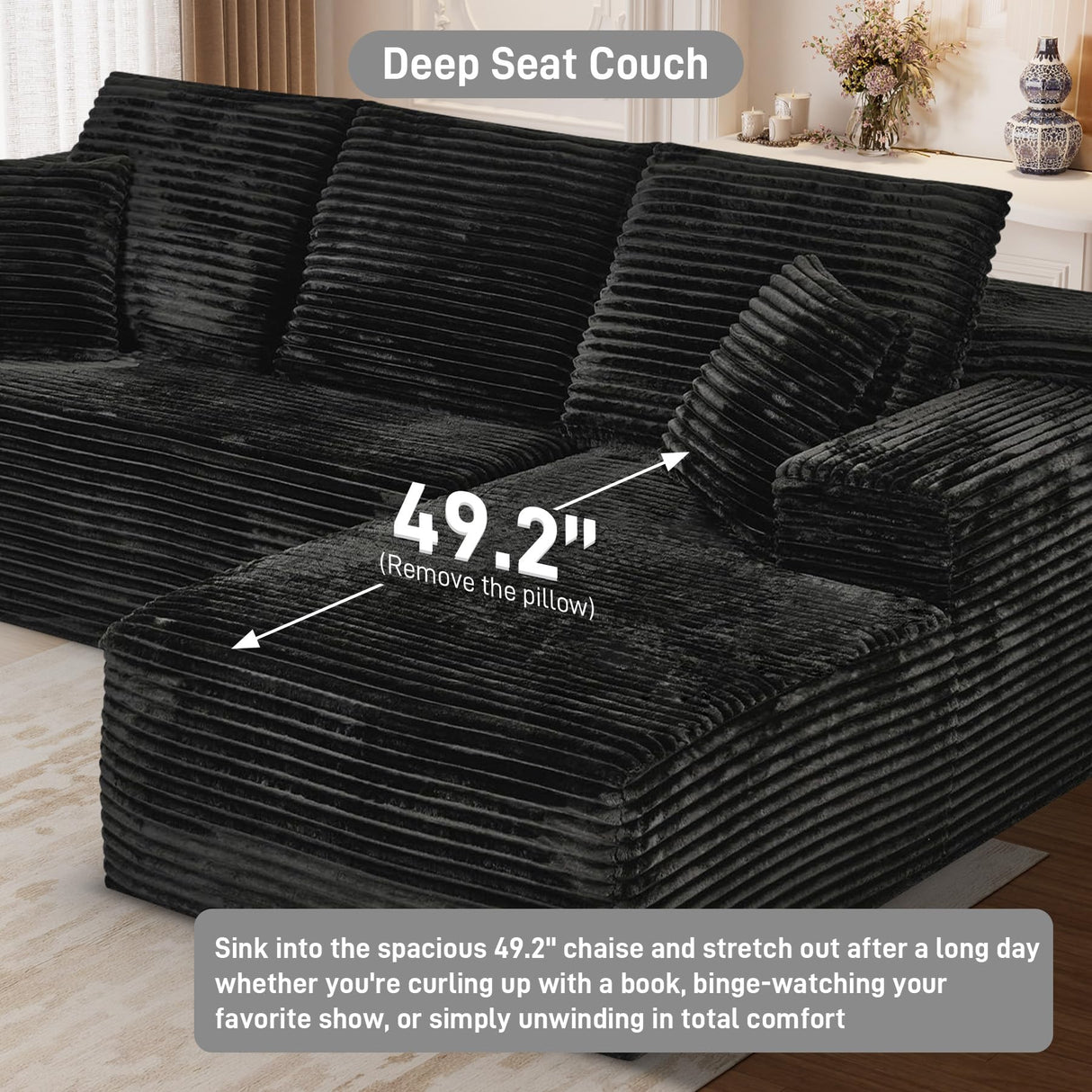 ONEMMLION Cloud Couch Sectional Modular Sofa, 107.5" Comfy Black L Shaped Boneless Couches for Living Room, Deep Seat Plush Corduroy Couch Sectional Memory Foam Sofa(Black, Right Facing Chaise) ONEMMLION