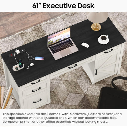 Farmhouse 61'' Executive Desk with 5 Drawers, Rustic Office Desk Computer Desk with Charging Station, File Drawers and Storage Cabinet, Wood Workstation for Home Office and Study, Black - WoodArtSupply