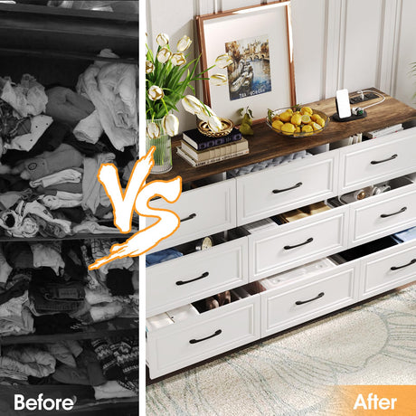 Fameill Dresser for Bedroom, 9 Drawer Wide Dresser Organizer with Charging Station, Tall Dresser for Hallway, Wood Dresser with Metal Handles, Farmhouse White Fameill