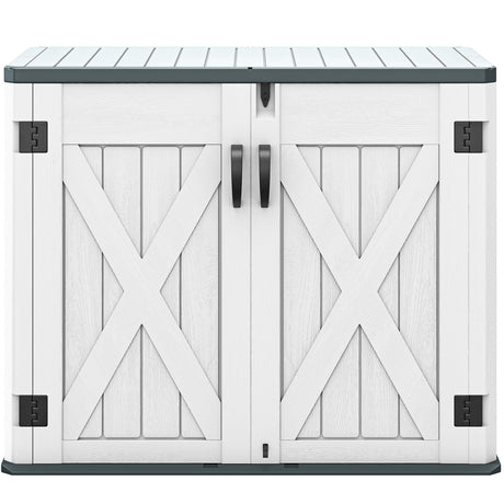 DWVO Outdoor Storage Shed, Weatherproof Resin, 35 Cu Ft Capacity, Horizontal Design, X-Shaped Lockable Door, Suitable for Bike, Garden Tools, Trash Cans, Light Gray DWVO