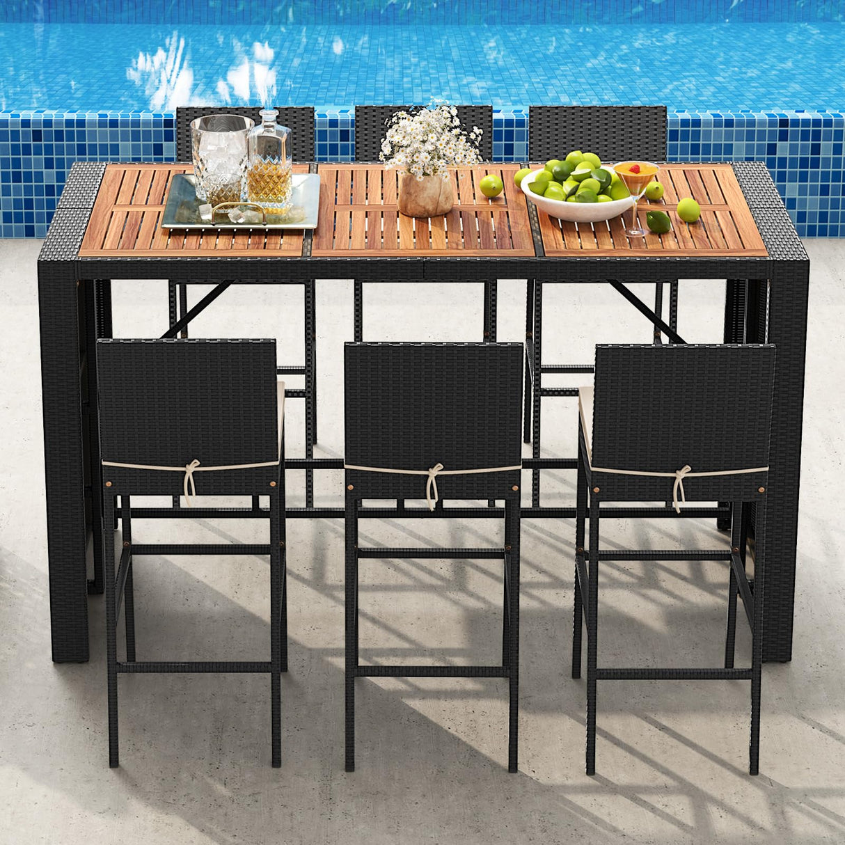 Tangkula 7 Piece Patio Wicker Bar Set, Patiojoy Outdoor Acacia Wood Bar Height Table & 6 Rattan Bar Stool Chairs with Backrest and Footrest, for Bistro Garden Balcony Tangkula