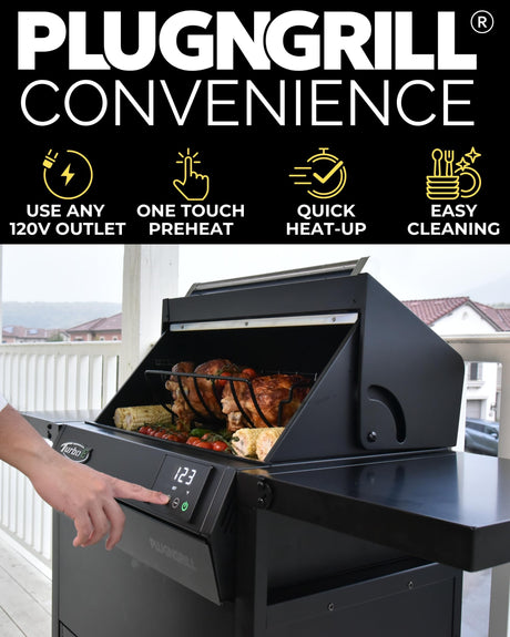 Turbo E Outdoor Electric Grill by PLUGNGRILL - High-Power 1700W Infrared Grill Technology - 24-Inch Smart BBQ Grill with Probe & Digital Display for Precise Cooking & Searing PLUGNGRILL