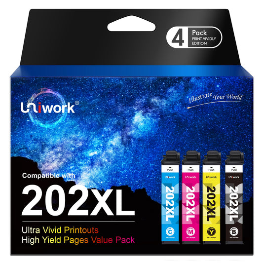 Uniwork Remanufactured 202XL Ink Cartridges Replacement for Epson 202 Ink Cartridges 202XL T202 to use with Workforce WF-2860 Expression Home XP-5100 Printer (1 Black 1 Cyan 1 Magenta 1 Yellow,4 Pack)