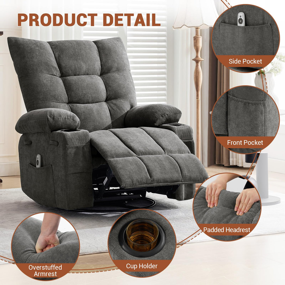 Garvee Swivel Rocker Recliner Chair with Heat and Massage, 360 Degree Swivel Rocking Single Sofa with Cup Holders, Oversized Single Sofa Seat, Lazy Boy Recliner Chairs for Living Room Garvee
