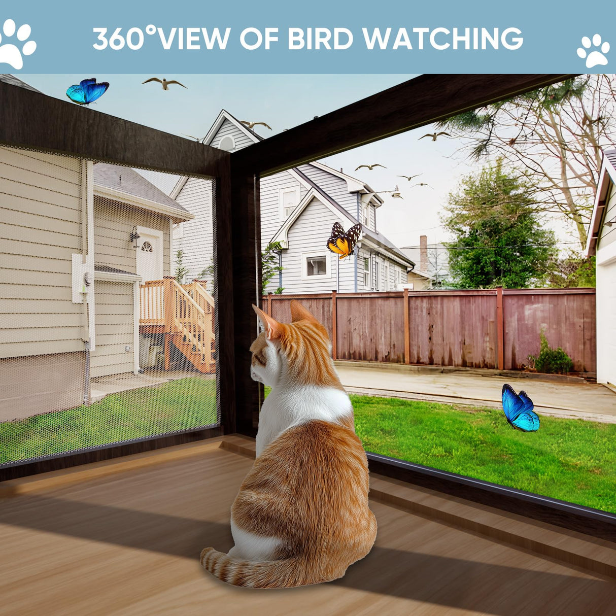 FunXplore Cat Window Box Catio Outdoor Cat Enclosure Cat Window Perch with Side Bug-Proof Wire Grid Fits Double Hung Frames 25.4" to 43.3" Wide, Sunbathing Napping Overlooking FunXplore