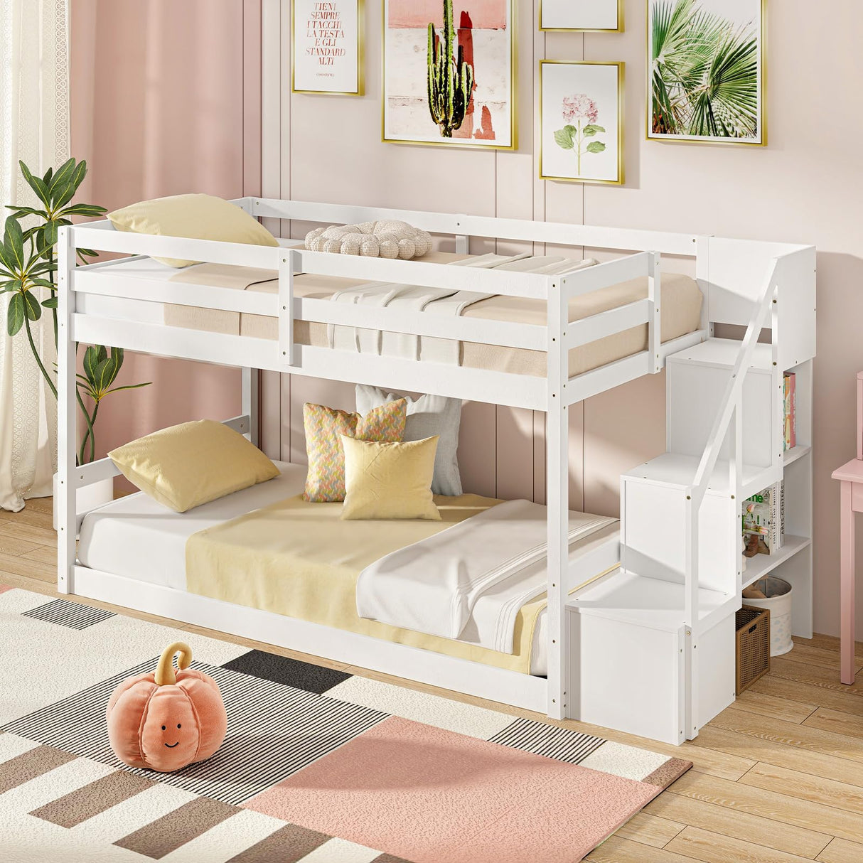 Giantex Twin Over Twin Bunk Bed with Stairs, Solid Wood Floor Bunk Bed with Storage Staircase & Full-Length Guardrails, Low Bunk Bed with for Kids, Teens, Adults, Dorm, Small Space, White Giantex