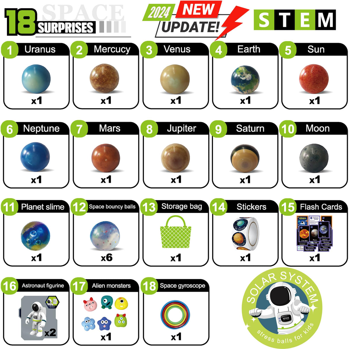 Solar System Planets Toys for Kids, STEM Educational Sensory Toys for Autistic Children Non-Toxic, Space Astronaut Slime Ball Alien Monster Toy Set with Mesh Storing Bag for 3-5-8-10 Boy Girls COOLDUCK