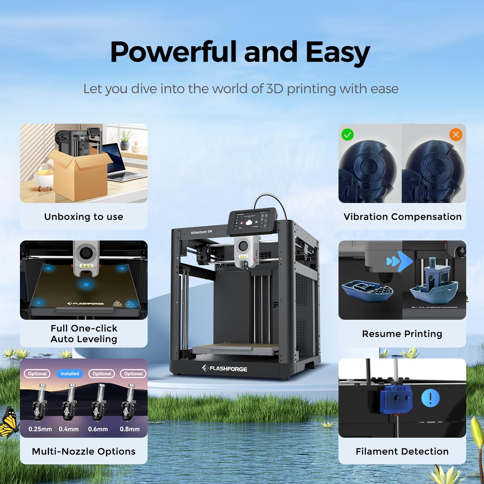 FLASHFORGE Adventurer 5M 3D Printer, 600mm/s Max High-Speed FDM 3D Printers with Auto Leveling, 280°C Direct Extruder with 3S Detachable Nozzle, Core XY All Metal Structure, Print Size 220x22 - WoodArtSupply