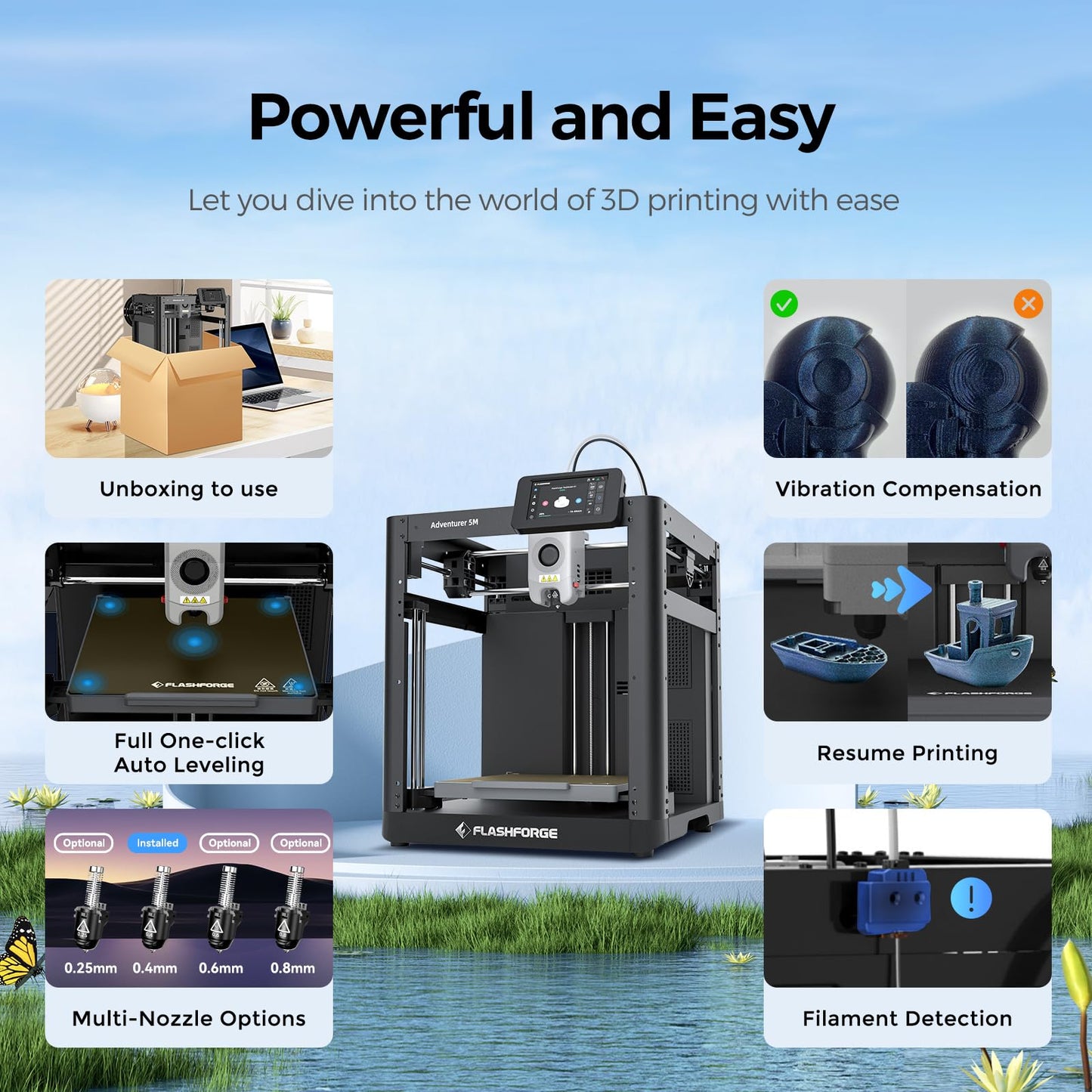 FLASHFORGE Adventurer 5M 3D Printer with Sparkle Sky Blue ASA 1KG - WoodArtSupply