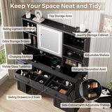 Farmhouse Makeup Vanity Desk with Sliding Mirror and Lights, Glass Desktop Makeup Vanity Desk with Charging Station, 3-Tier Hidden Slide-Out Vanity Shelves, Jewelry Storage Cabinet, 2 Drawers-Black Jocoevol