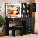 VOWNER Vanity with Lighted Mirror - 47" Makeup Vanity Desk with 7 Drawers, 3 Storage Shelves and Outlet, 3 Color Lighting Modes with Adjustable Brightness, Makeup Desk with Stool for Bedroom,Black VOWNER