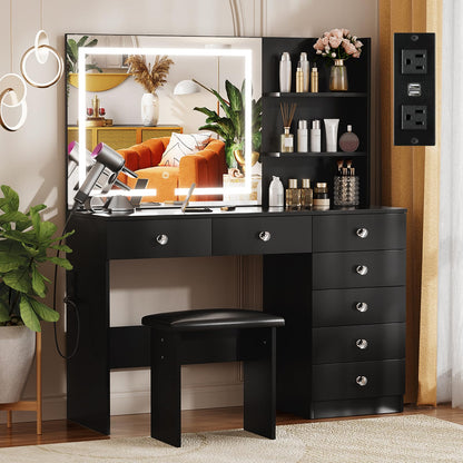 VOWNER Vanity with Lighted Mirror - 47" Makeup Vanity Desk with 7 Drawers, 3 Storage Shelves and Outlet, 3 Color Lighting Modes with Adjustable Brightness, Makeup Desk with Stool for Bedroom,Black