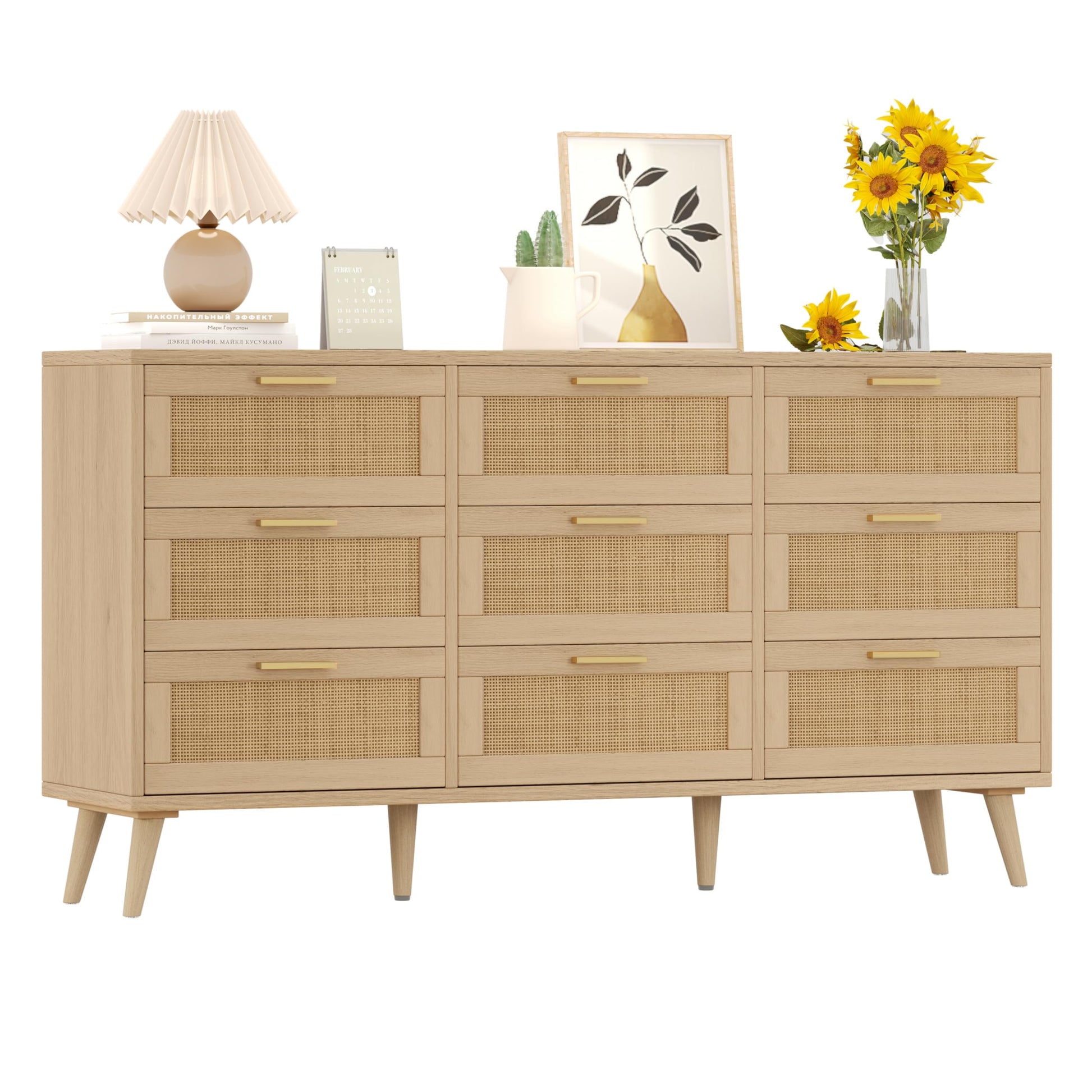 Keehusux Rattan 9 Drawer Dresser for Bedroom, Accent Storage Dresser with Solid Wooden Legs, Long Chest of Drawers with Metal Handles for Closet, Living Room, Entryway, Natural KES003MDG - WoodArtSupply