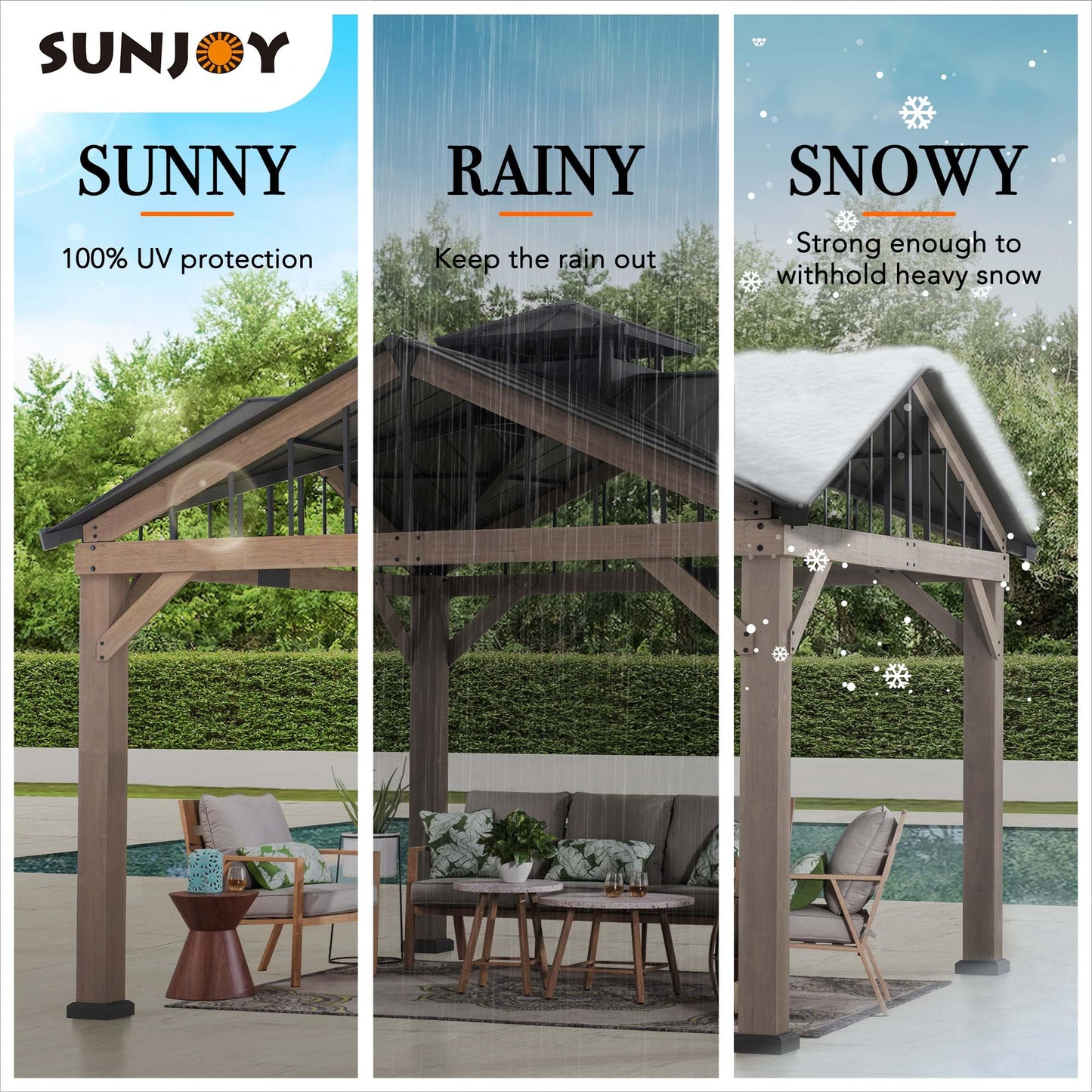 Sunjoy 12 x 12 ft. Hardtop Gazebo 2-Tier Wooden Frame Outdoor Gazebo with Ceiling Hook for Patio, Backyard, and Garden, Brown - WoodArtSupply