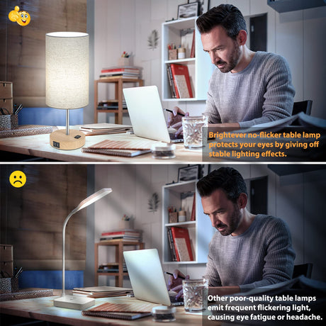 Bedside Table Lamps with 2 USB Charging Ports & AC Outlet, Set of 2 Touch Control Wooden Base Nightstand 3-Way Dimmable Lamps with Beige Fabric Shade for Bedroom, Living Room, A19 E26 Bulbs Included Brightever