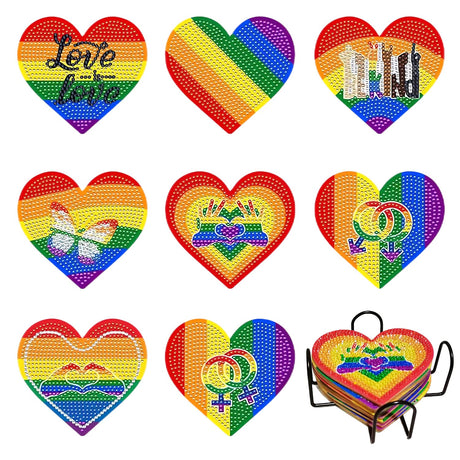 EVECILOO 8 PCS Rainbow Heart Diamond Art Painting Coasters Kits, Pride Month DIY Diamond Coasters with Holder, Gay Pride LGBTQ Coaster for Beginners Adults Art Craft Supplies Gift EVECILOO