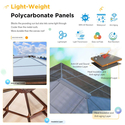 10' x 12' Hardtop Gazebo, Polycardonate Panels with Anti-Rust Coating Aluminum Frame, Permanent Outdoor Metal Pavilion with Curtain and Netting for Patio, Lawn and Garden, 8-10people