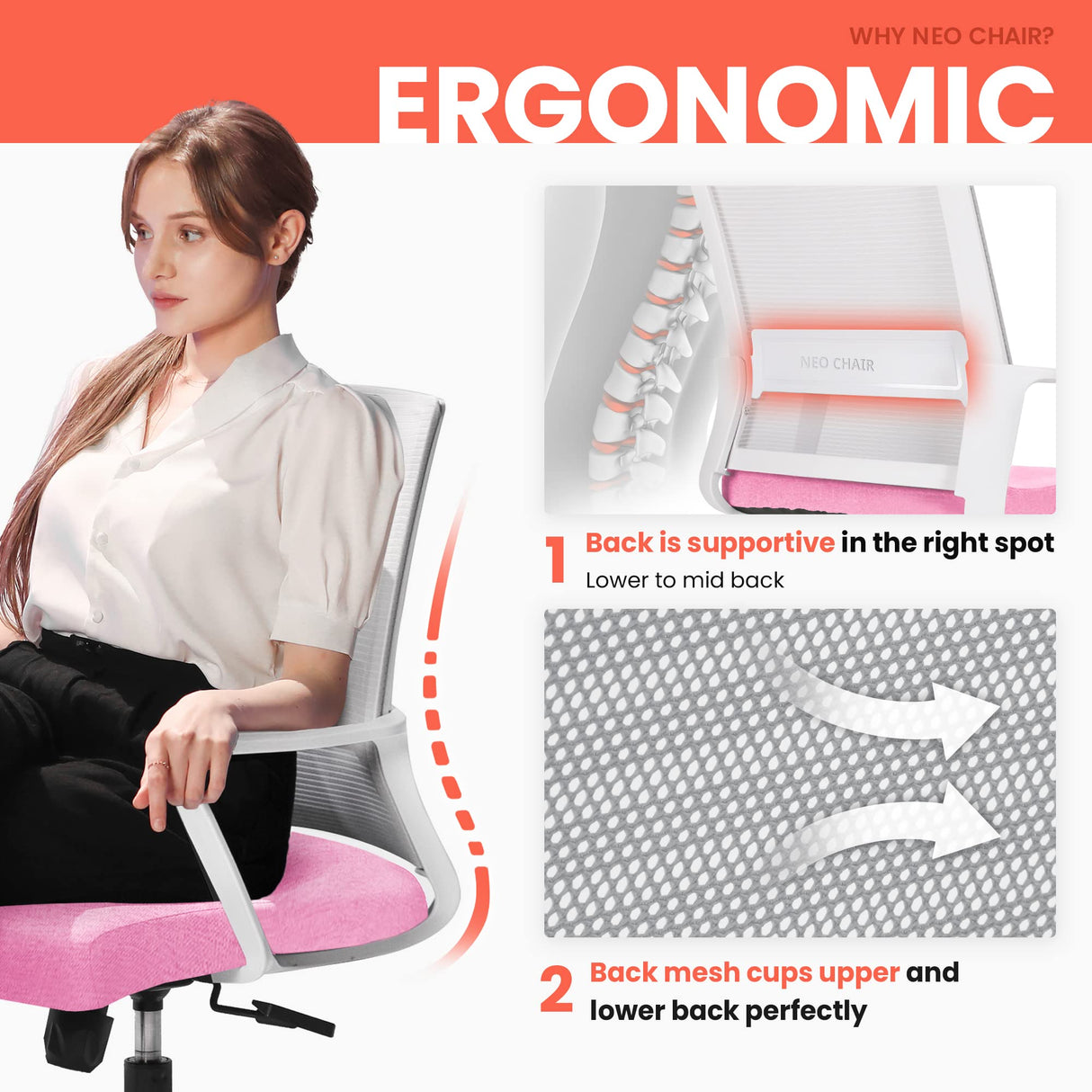 NEO CHAIR Office Desk Chair Ergonomic Mid Back Mesh with Lumbar Support Comfy Cushion Swivel Adjustable Height Gaming Chairs for Home Office (Pink) NEO CHAIR