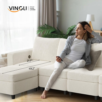 VINGLI 108" U-Shaped Storage Modular Sectional Sofa Sleeper in USB Built-in Charger, Convertible Couch Bed with High-Resilience Foam, 4 Deep Seaters Module/2 Ottomans(Chaises),Chenille/Cream White