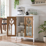 WINWY 30" Farmhouse Sideboard Buffet Credenza Cabinet, Decorative Accent Cabinet with 2 Carved Arched Glass Doors & Adjustable Shelf, Rustic Wooden Storage for Kitchen, Living Room(White,Set of 3) WINWY