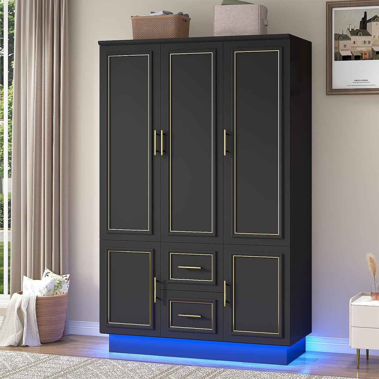 Hlivelood 75” Tall 3 Doors Armoire Wardrobe Closet with 2 Drawers and LED Lights, Modern Closet Wardrobe Cabinet with Shelves and Hanging Rod, Freestanding Wooden Armoire for Bedroom, Black Hlivelood