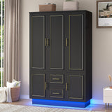 Hlivelood 75” Tall 3 Doors Armoire Wardrobe Closet with 2 Drawers and LED Lights, Modern Closet Wardrobe Cabinet with Shelves and Hanging Rod, Freestanding Wooden Armoire for Bedroom, Black Hlivelood